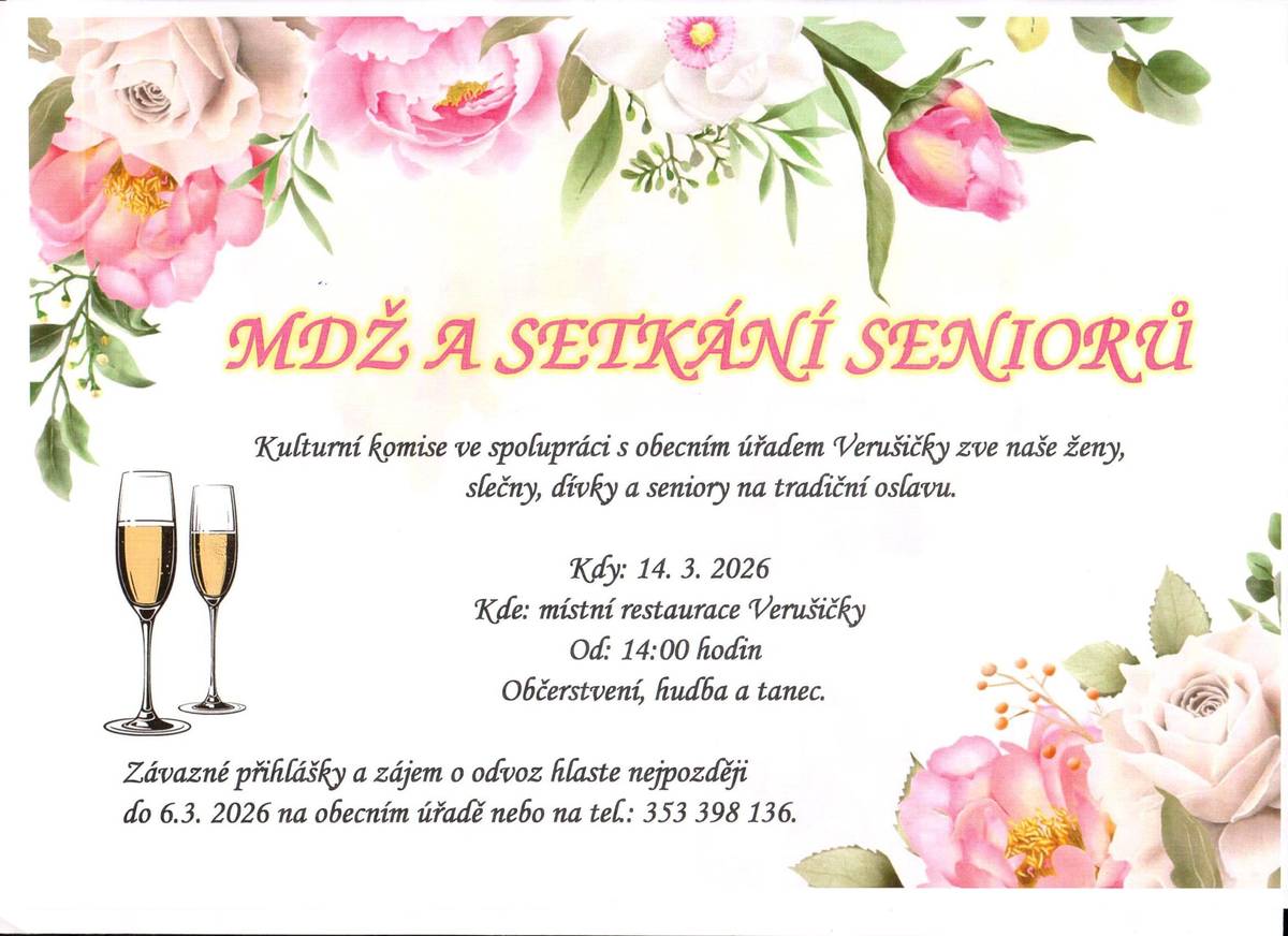 MDŽ A SETKÁNÍ SENIORŮ - 14.3.2026, OD 14:00 HODIN V RESTAURACI VE VERUŠIČKÁCH.