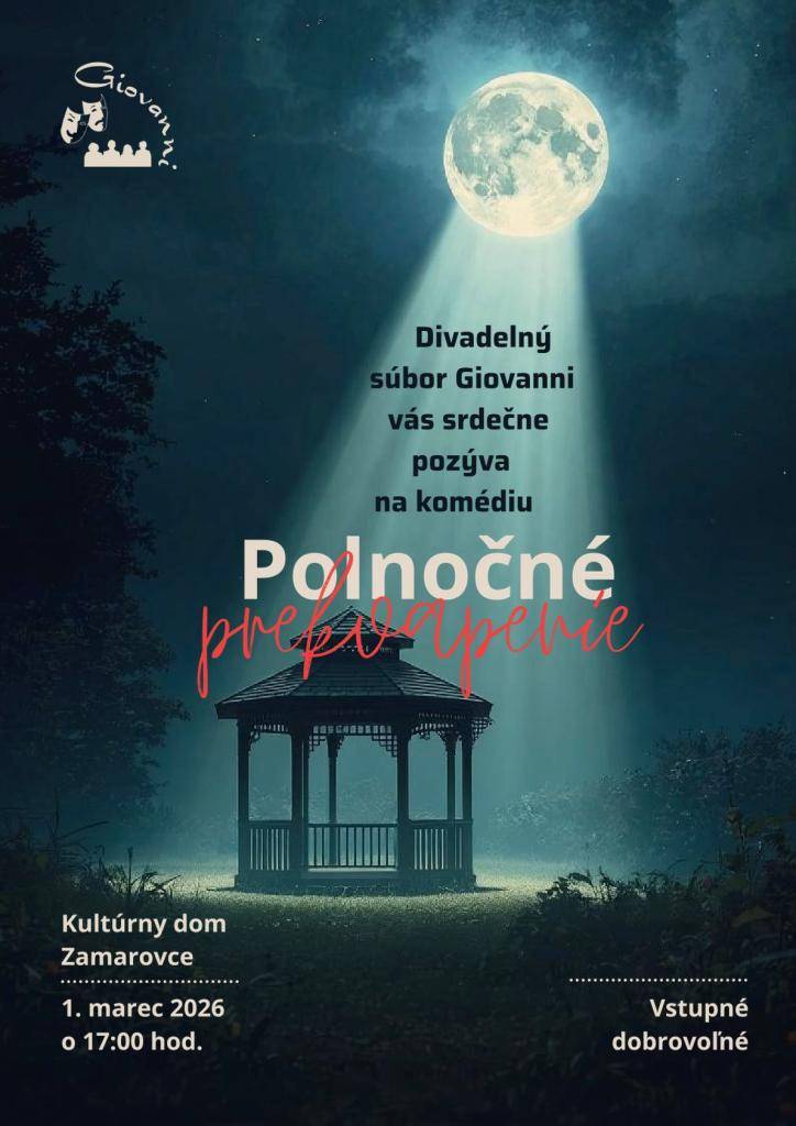 Srdečne Vás pozývame na divadelné predstavenie divadla Giovanni Dolná Súča, ktoré sa uskutoční v nedeľu dňa 01.03.2026 o 17.00 hod. v KD Zamarovce.
