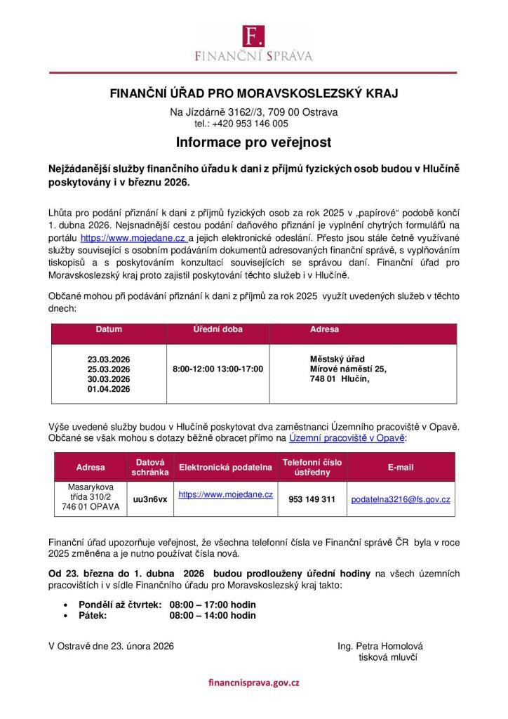 Lhůta pro podání přiznání k dani z příjmů fyzických osob za rok 2025 v „papírové“ podobě končí 1. dubna 2026.