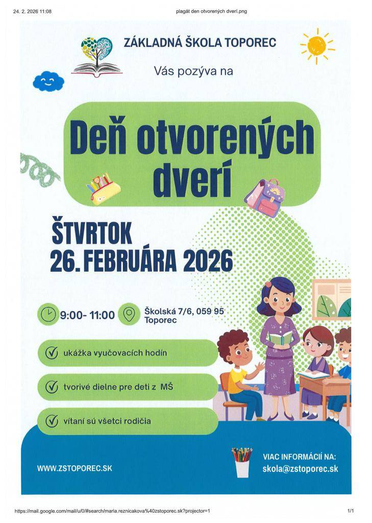 Základná škola Toporec pozýva všetkých na Deň otvorených dverí, ktorý sa uskutoční vo štvrtok 26. februára 2026. Program zahŕňa ukážky vyučovacích hodín a tvorivé dielne pre mladých.
