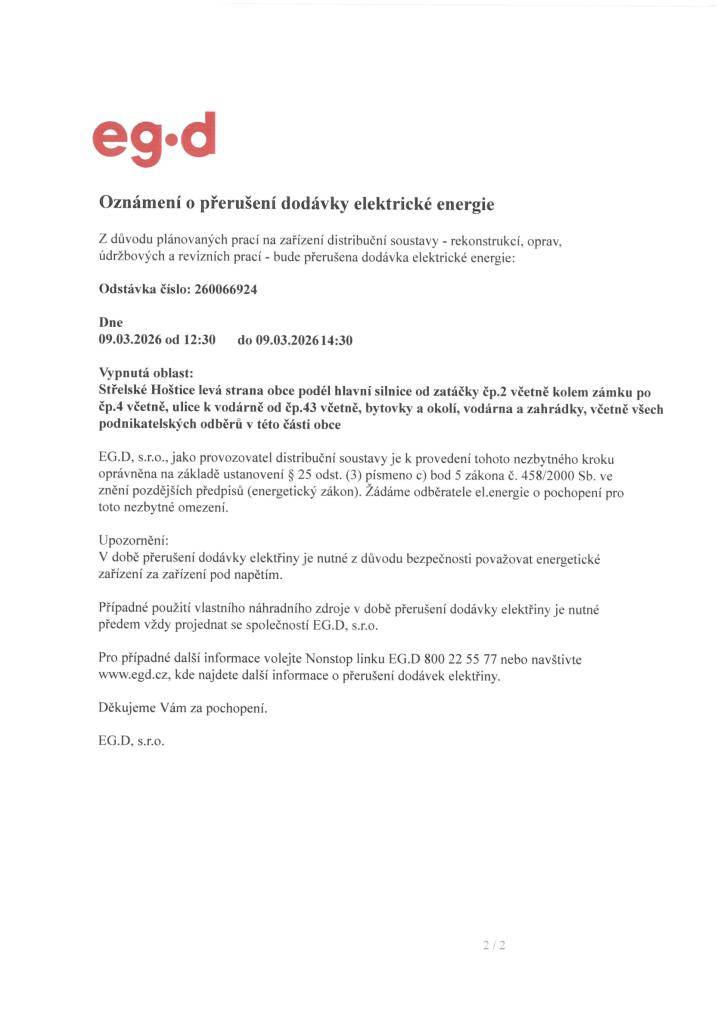 Oznámení o přerušení dodávky elektrické energie