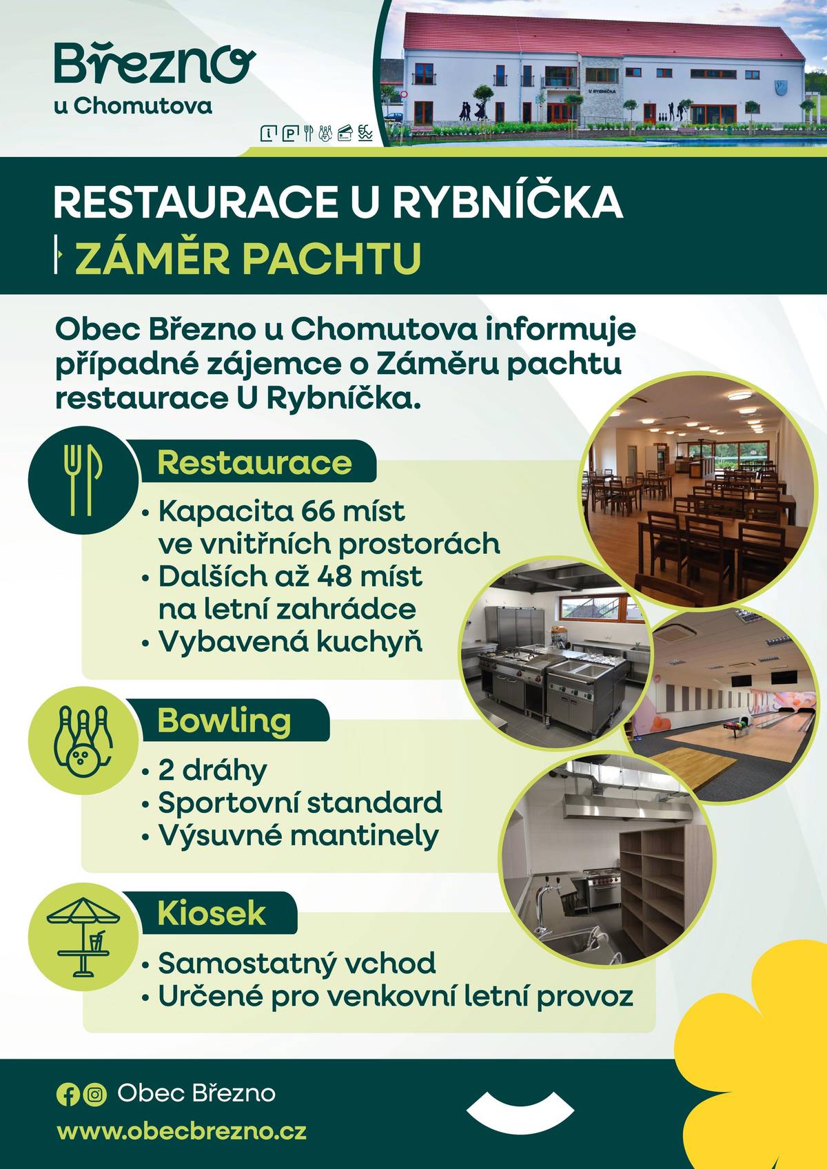 Obec Březno u Chomutova informuje případné zájemce o Záměru pachtu restaurace U Rybníčka. 👇🏼
