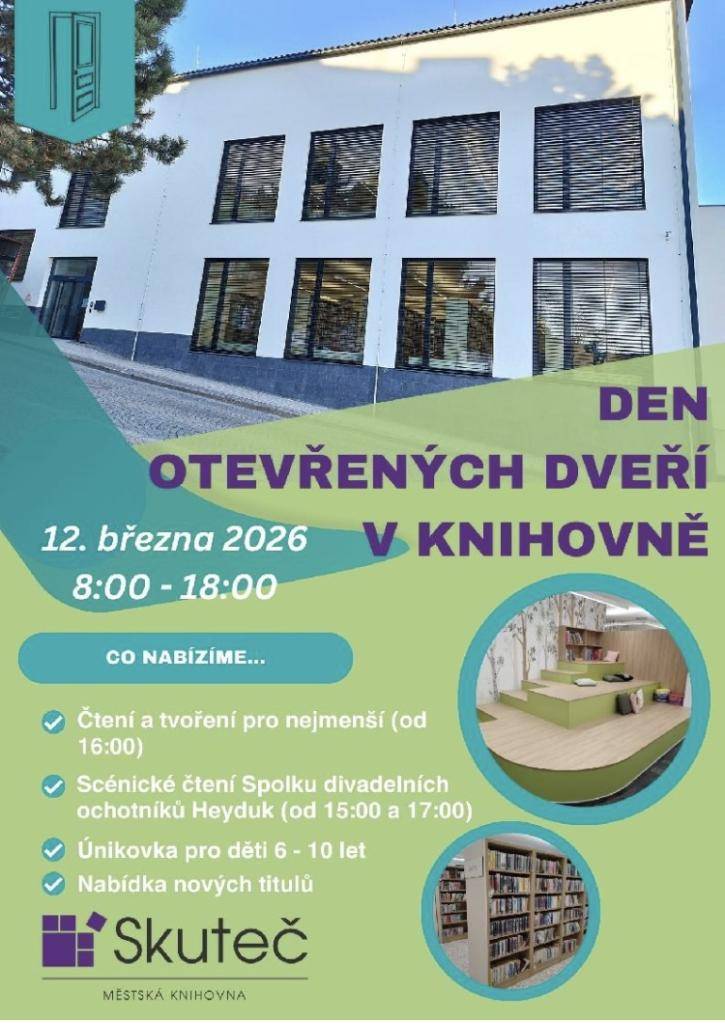 Městská knihovna Skuteč vás zve na Den otevřených dveří, který se koná ve čtvrtek 12. března 2026 od 8:00 do 18:00.     Přijďte si užít tvořivé dílny, únikovku pro děti nebo scénické čtení a prohlédnout si naše nejnovější knižní tituly.