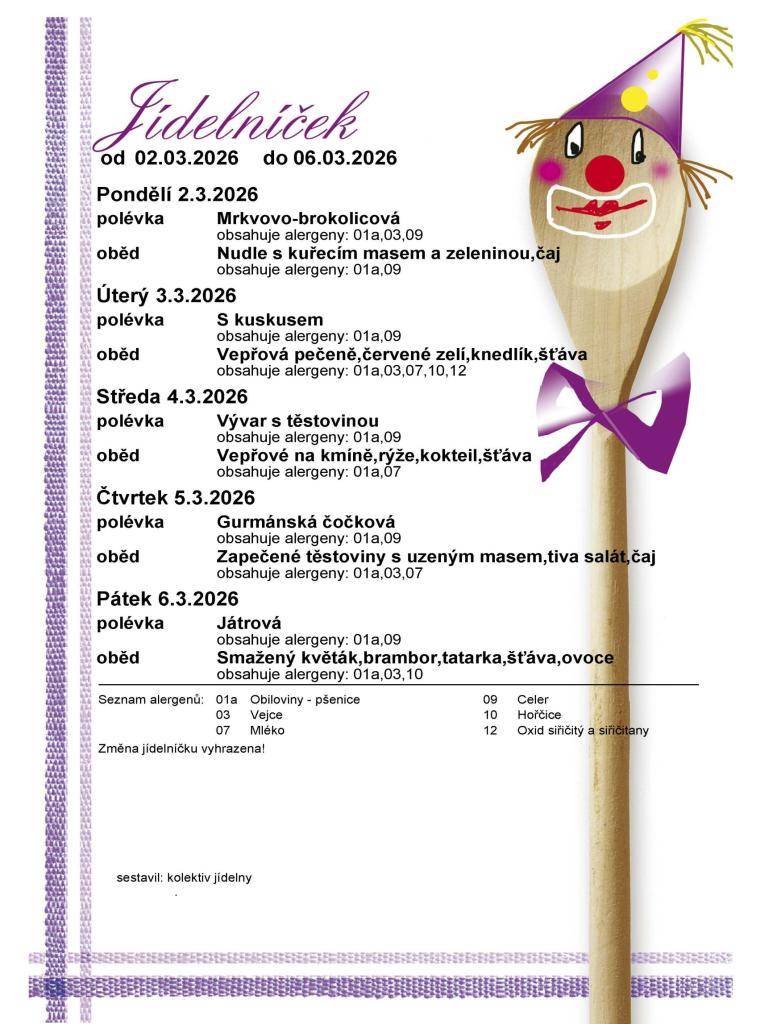 Jídelníček 2. 3. - 6. 3. 2026