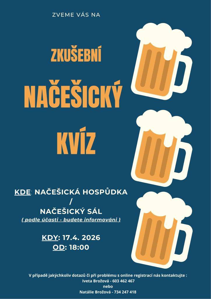 Srdečně vás zveme na zkušební Načešický kvíz, který se koná 17. dubna 2026 od 18:00. Akce se uskuteční v Načešické hospůdce nebo sále, v závislosti na počtu účastníků. Přijďte si užít příjemný večer a otestovat své znalosti.