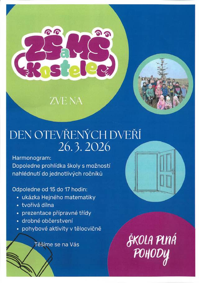 ZŠ A MŠ Kostelec zve na "Den otevřených dveří" 26.3.2026.