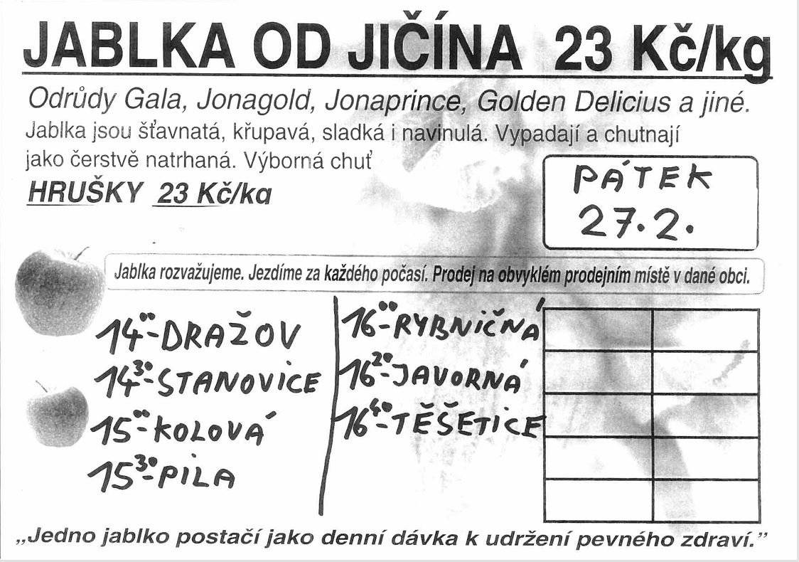 V pátek 27.2.2026 v 15 hodin přijede na parkoviště k OU Kolová prodejce jablek od Jičína. V prodeji budou různé odrůdy jablek a hrušky. Prodejní akce potrvá cca 30 minut.