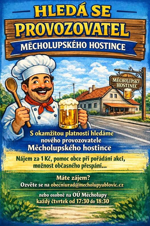 Obec Měcholupy nabízí k pronájmu hostinec.