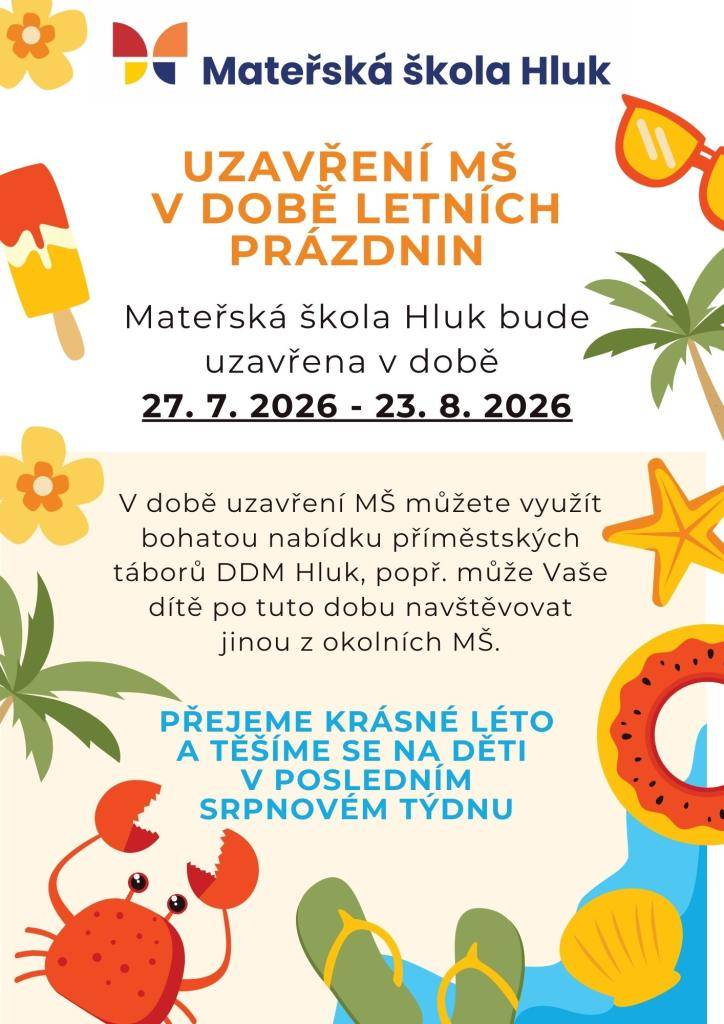 Mateřská škola Hluk informuje o uzavření v období letních prázdnin od 27. července do 23. srpna 2026. V této době je dostupná bohatá nabídka příměstských táborů DDM Hluk, případně mohou rodiče zvolit jinou mateřskou školu v okolí.