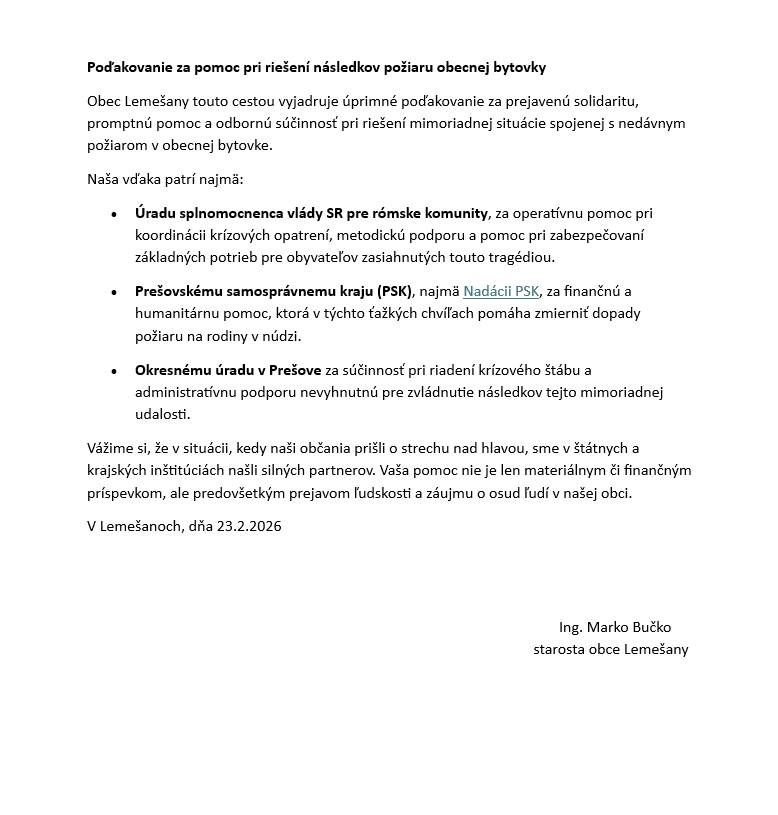 Poďakovanie za pomoc pri riešení následkov požiaru obecnej bytovky