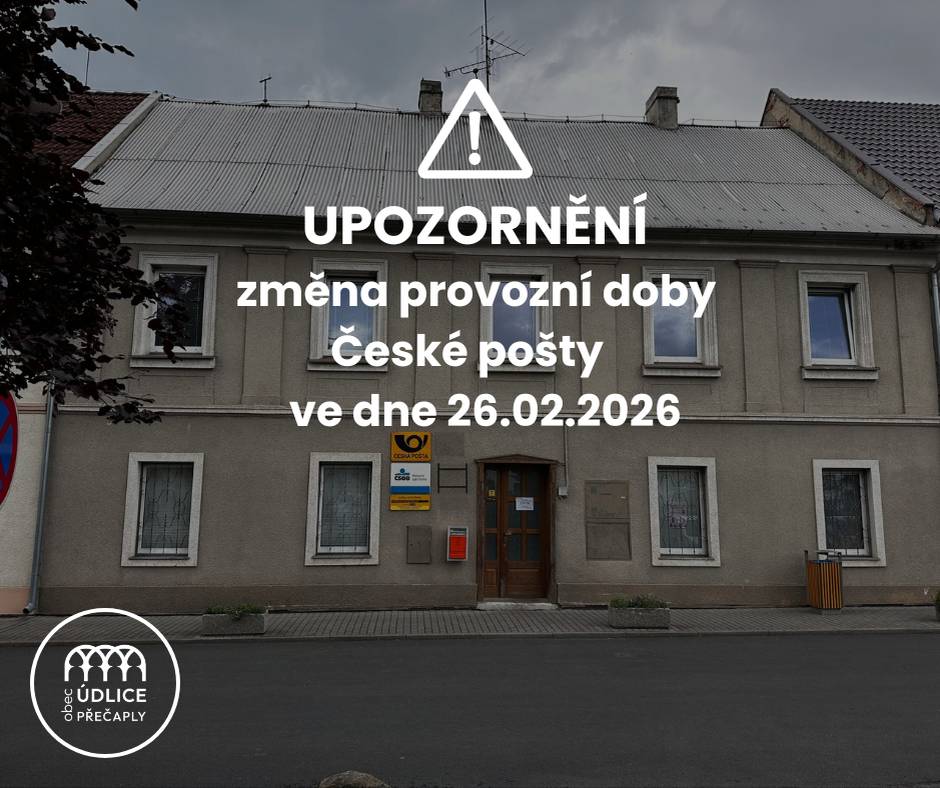 Vážení občané, oznamujeme změnu provozní doby České pošty ve dne 26.02.2026. Pošta bude otevřená od 13:00 do 16:00 hodin. Děkujeme za pochopení.