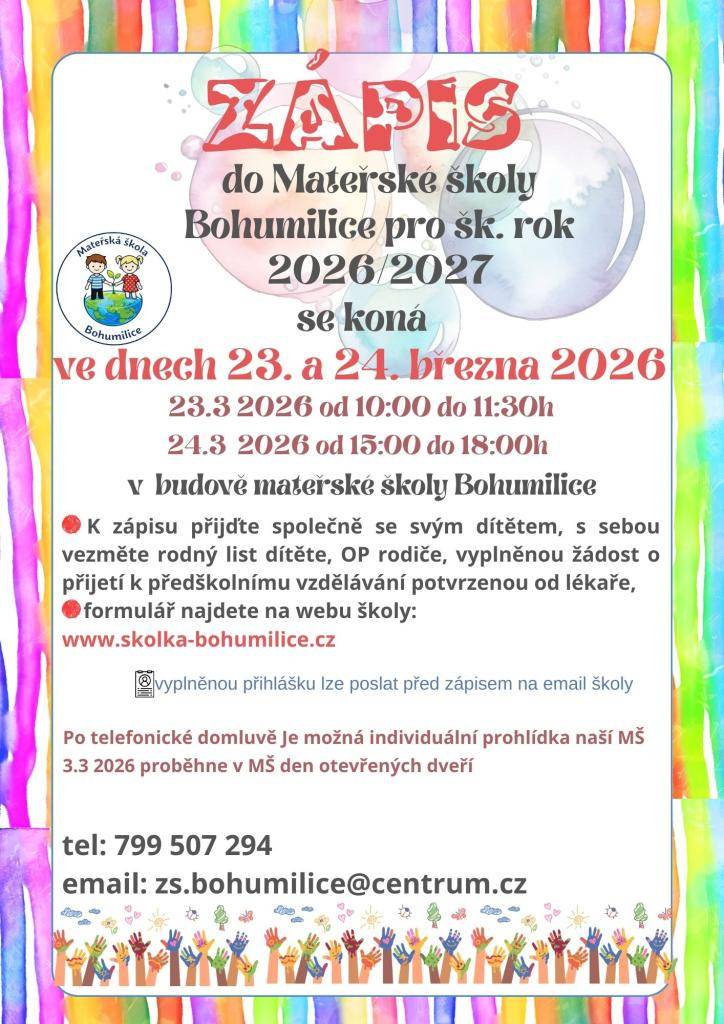 Zápis do MŠ Bohumilice