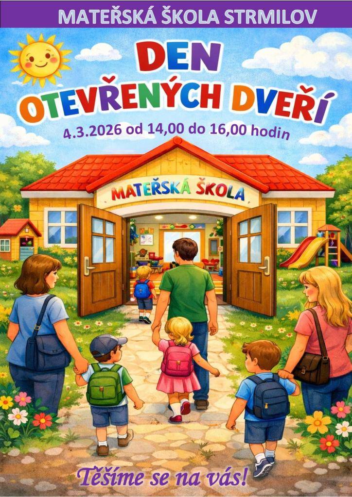 Ve středu 4.3.2026 můžete navštívit budovu MŠ v rámci jejích otevřených dveří a podívat se, v jakém prostředí naše nejmenší děti přes den pobývají. Otevřeno bude od 14.00 hodin do 16.00 hodin.