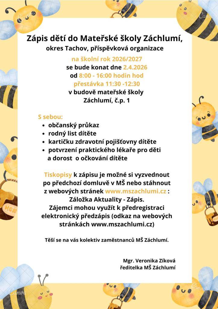 2.4.2026 se koná zápis do MŠ Záchlumí. Informace v pozvánce