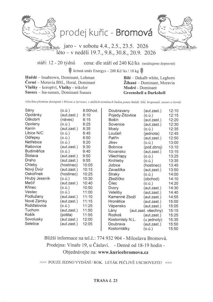 V sobotu 4. dubna, 2. května a 23. května 2026 se v obci Sány koná prodej kuřic. Nabízíme plemena jako hnědé, bílé, černé a další, s cenami začínajícími od 240 Kč za kus v závislosti na stáří. Kromě kuřic je v nabídce také krmná směs Energys za 200 Kč za 10 kg.