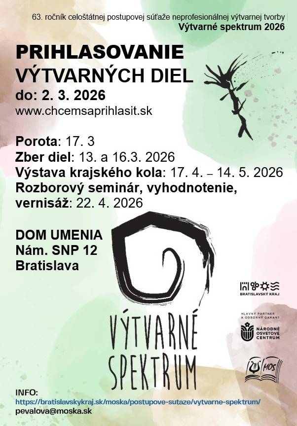 Registrácia na 63. ročník celoštátnej postupovej súťaže neprofesionálnej výtvarnej tvorby je otvorená do 2. marca 2026. Súťaž sa uskutoční v Bratislave, pričom výstava krajského kola prebehne od 17. apríla do 14. mája 2026.