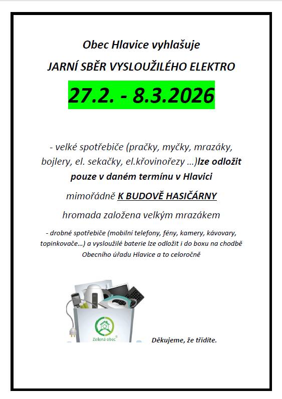 Obec vyhlašuje Sběr vysloužilého elektrozařízení v termínu od 27.2. - 8.3.2026, místo odložení U HASIČÁRNY