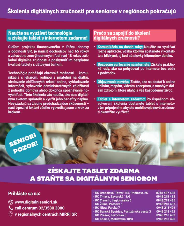 Školenia digitálnych zručností pre seniorov v regiónoch