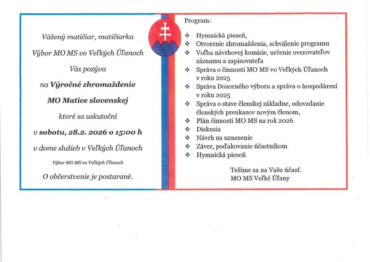 Pozvánka na výročnú členskú schôdzu MO Matice slovenskej