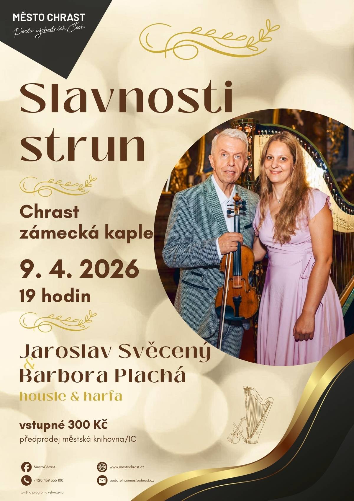 Na začátku dubna se můžeme v Chrasti těšit na koncert houslového virtuosa Jaroslava Svěceného a harfistky Barbory Plaché. 🎼 Vstupenky jsou od dnešního dne v předprodeji v městské knihovně.