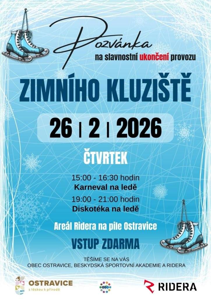 Vážení občané, zveme Vás na slavnostní ukončení provozu kluziště 26.2. - od 15 h bude karneval a od 19 h diskotéka na ledě. Jste srdečně zváni.