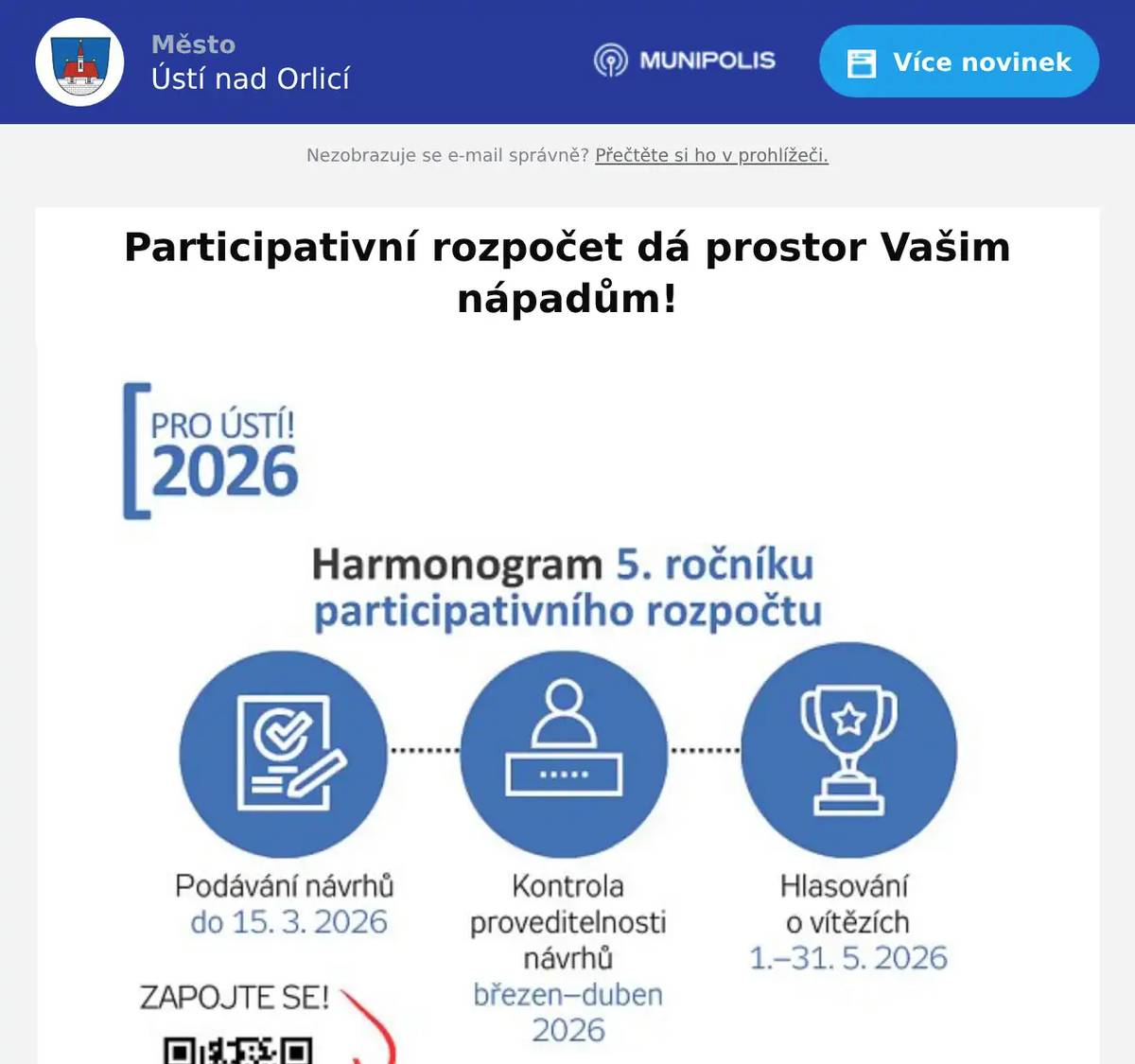 Máte nápad, který může změnit Ústí nad Orlicí? Teď je jeho čas!     Lavička tam, kde chybí. Hřiště, které oživí čtvrť. Kulturní akce, která spojí sousedy.     Participativní rozpočet dává prostor právě vašim nápadům. Navrhněte projekt, který zlepší veřejný prostor nebo komunitní život ve městě – a nechte ostatní rozhodnout, zda se promění ve skutečnost.     Letos vybereme: jeden projekt do 100 000 Kč jeden projekt do 300 000 Kč     Navrhujete vy. Rozhodujete vy. Realizuje město.     Zapojte se a pomozte nám spoluvytvářet Ústí, ve kterém se bude dobře žít|!