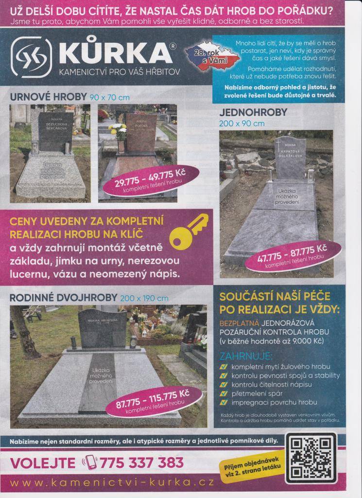 Příjem objednávek Běrunice hřbitov:  středa 4.3.2026 a 11.3.2026 8:00 - 8:20 hod.