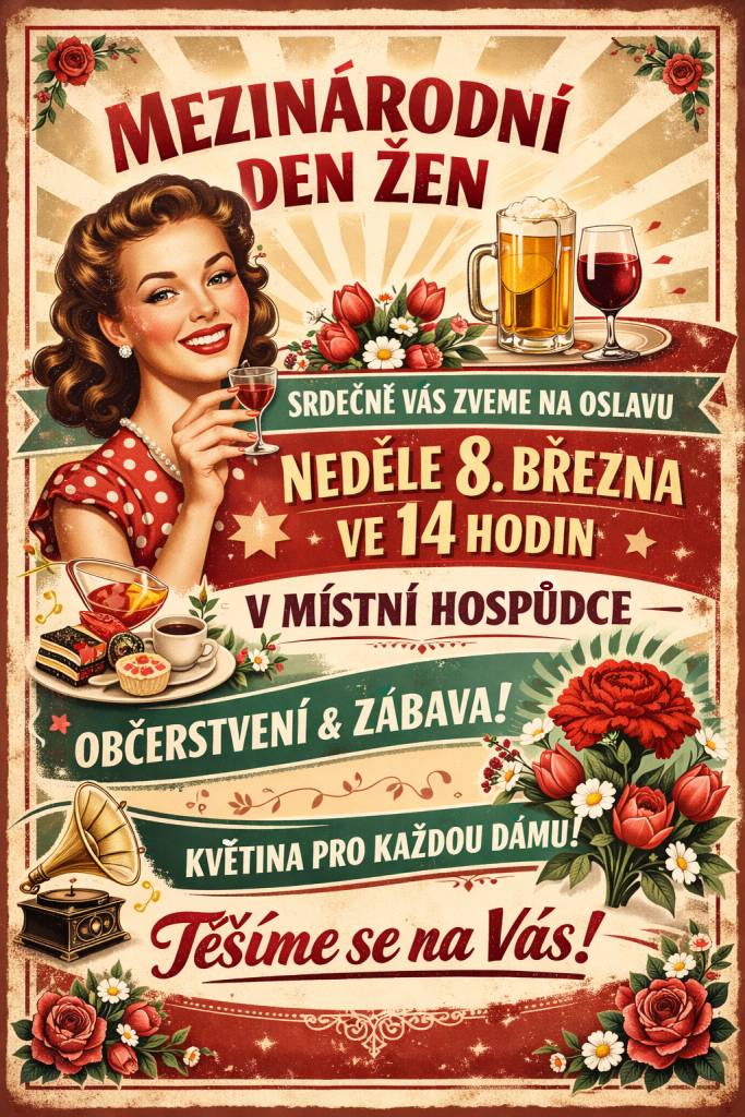 Srdečně zveme všechny ženy na oslavu MDŽ  8.3. od 14 hod. v místní hospůdce. Těšíme se na Vás!