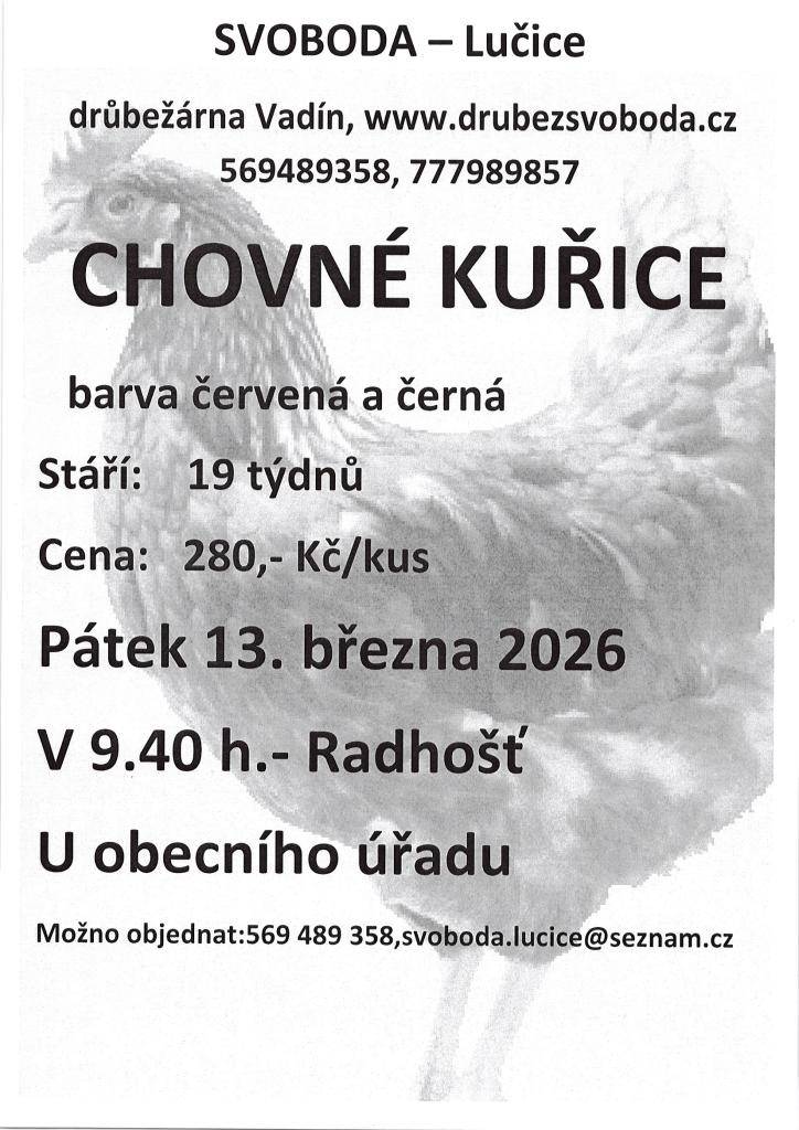 Firma Svoboda Lučice bude prodávat v pátek 13. března 2026 v 9.40 hodin u obecního úřadu nosné kuřice, stáří 19 týdnů, cena 280Kč/kus, barva červená a černá. Objednání je možné na tel. 569 489 358, nebo emailem svoboda.lucice@seznam.cz
