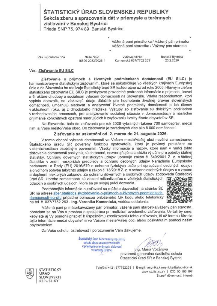 Zisťovanie o príjmoch a životných podmienkach domácností 2026