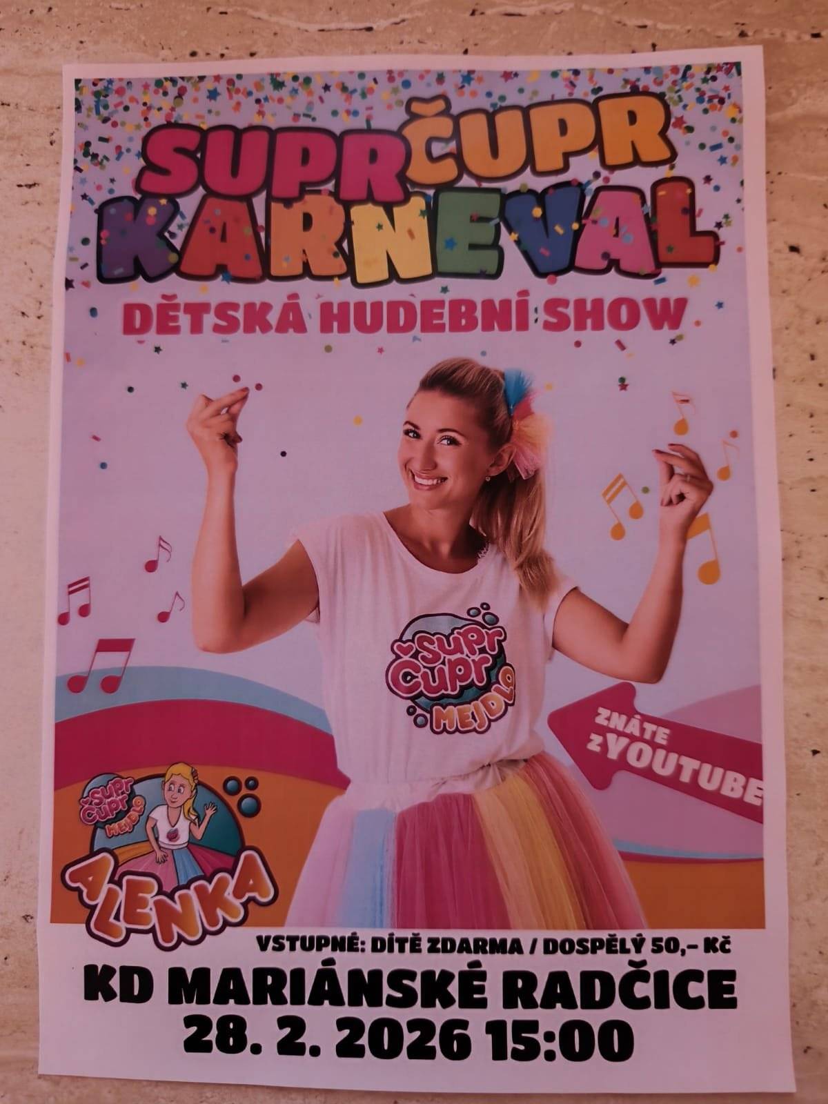 Srdečně zveme  všechny děti na dětský karneval, který se uskuteční na sále kulturního domu v sobotu 28.2. od 15 hodin.