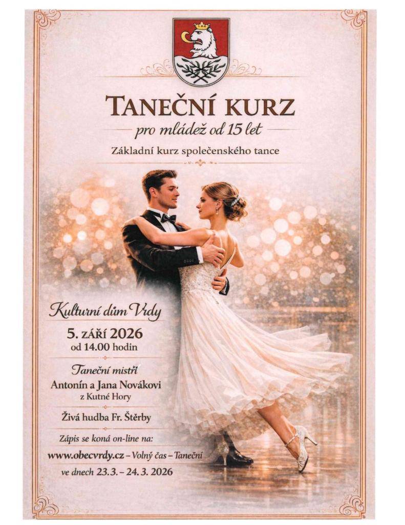 Taneční kurz pro mládež od 15 let. Zápis proběhne on-line ve dnech 23.3.-24.3.2026.