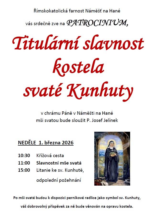 Patrocinium kostela - svatá Kunhuta - neděle 1. března 2026