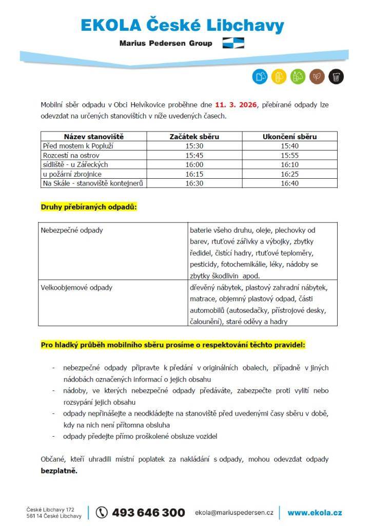 Mobilní sběr odpadu v Obci Helvíkovice proběhne 11.3.2026, přebírané odpady lze odevzdat na určených stanovištích uvedených na letáku od Ekola České Libchavy.