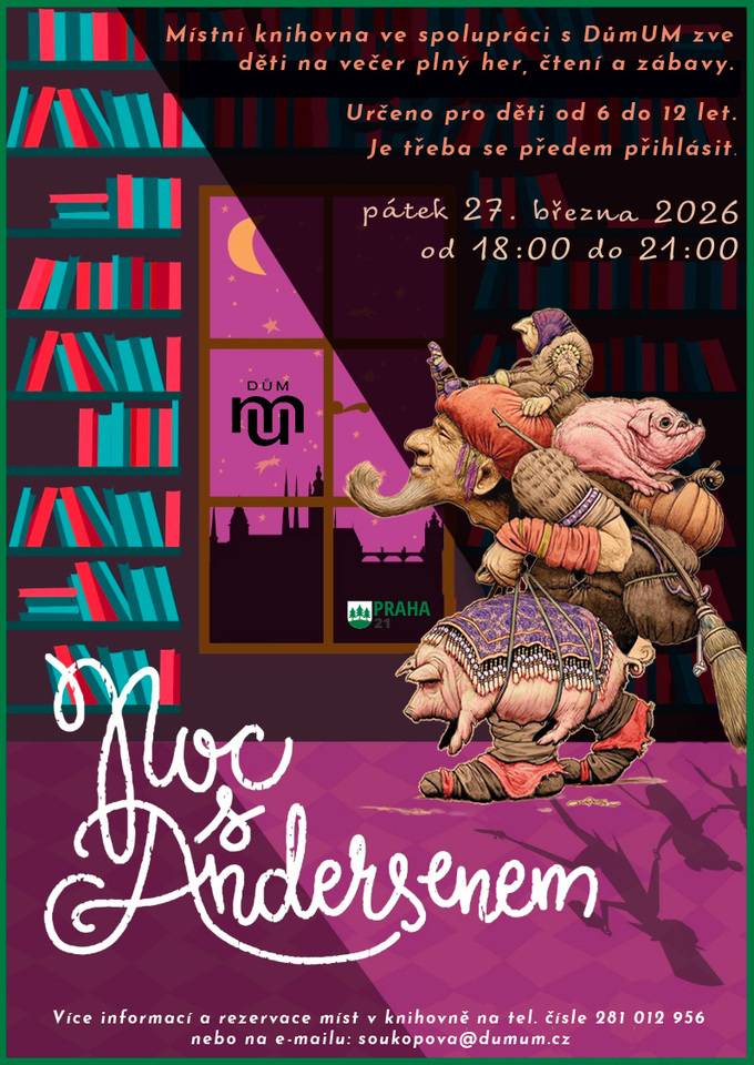 Ve spolupráci s DůmUM zveme všechny děti od 6 do 12 let na večer plný zábavy, her a dobrodružství, který se uskuteční v pátek 27. března 2026 od 18:00 do 21:00 v místní knihovně. Pozor, kapacita míst je omezená. Více informací a rezervace míst v knihovně na tel.: 281 012 956 nebo na mailu soukopova@dumum.cz Těšíme se na vás!