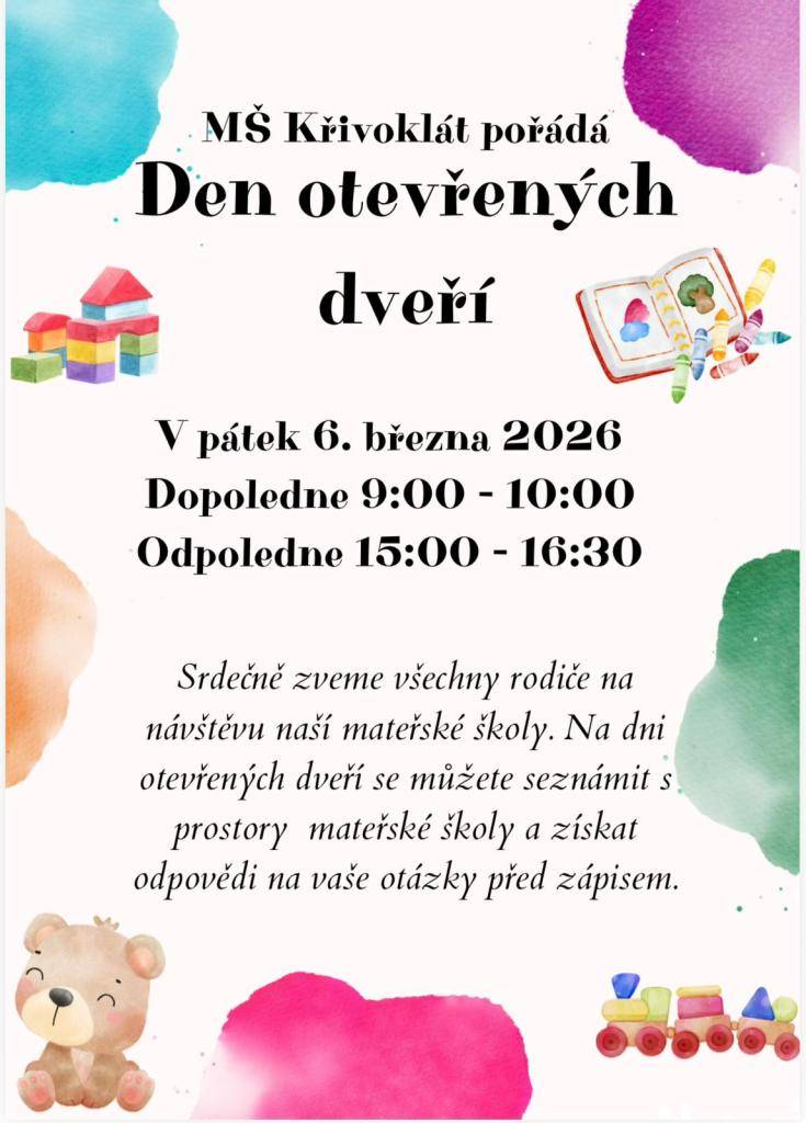 V pátek 6. 3. 2026 se mohou rodiče s dětmi ještě před zápisem přijít podívat do naší mateřské školy, kde se seznámí s prostředím a získají odpovědi na své případné dotazy. Více na plakátu.