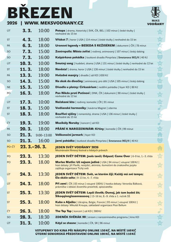 MěKS Vodňany zve všechny zájemce na bohatý program v březnu. Čekají vás různé kulturní akce, filmové projekce a další zajímavé aktivity pro širokou veřejnost. Těšíme se na vaši účast.