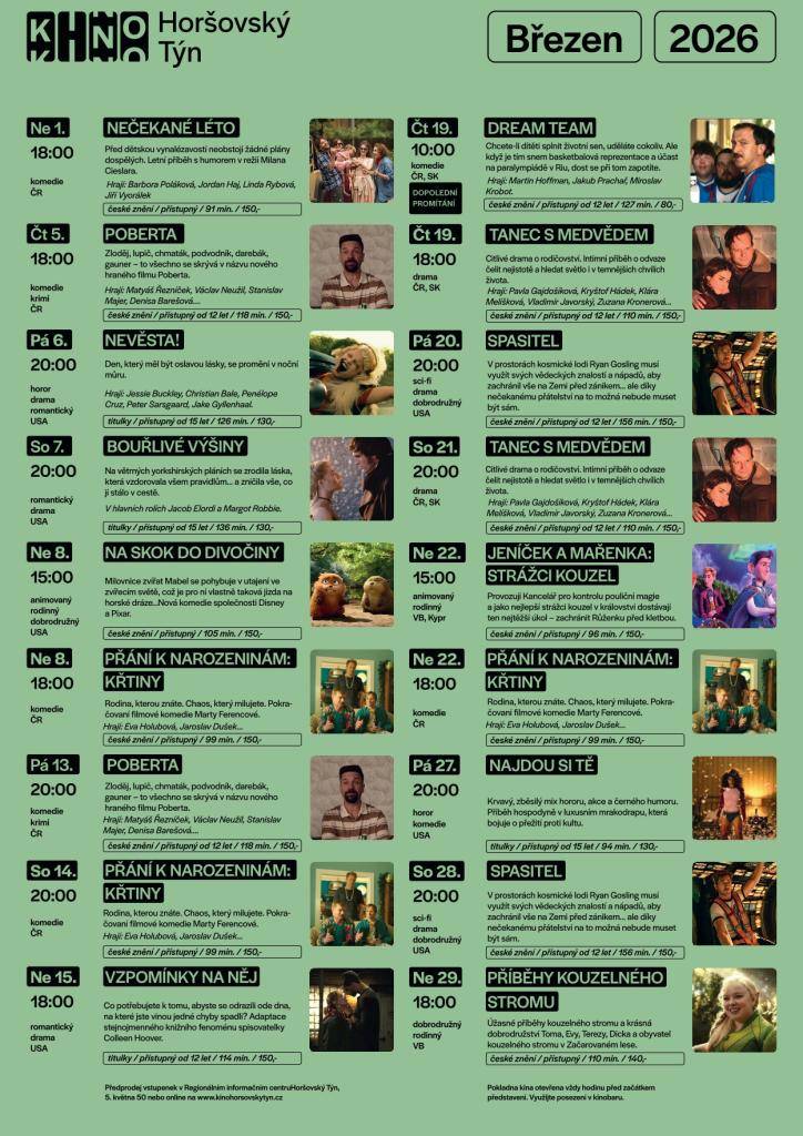 Filmové novinky v kině Horšovský Týn. Komedie, rodinný, dobrodružný, drama, sci-fi, horor či animované filmy. Předprodej vstupenek v informačním centru nebo online na www.kinohorsovskytyn.cz