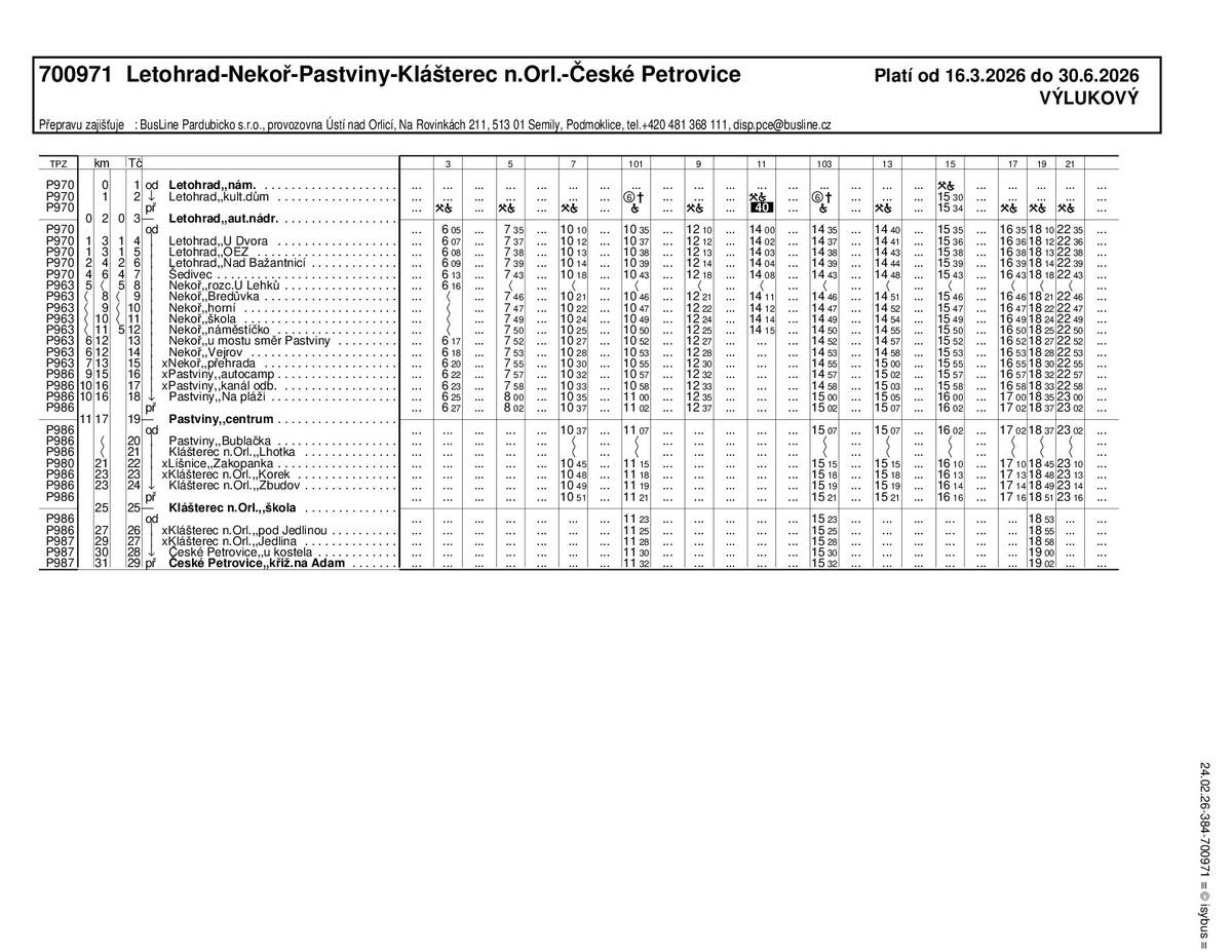 Vážení občané, od pondělí 16. března 2026 bude zahájena úplná uzavírka silnice mezi Kláštercem nad Orlicí a Pastvinami. V souvislosti s uzavírkou dojde ke změnám autobusových linek 700971 a 700980. Výlukový jízdní řád bude podobný jako v loňském roce, ale dochází k několika změnám (také z důvodu souběžné uzavírky silnice II/310 Lukavice – Žamberk). Hlavní změny:   ❌ Nejede spoj Pastviny 17:53 – Letohrad 18:20   🚌 Spoj ve 20:32 ze Žamberka pojede v pracovní dny přes Klášterec   🆕 Nové spoje z Klášterce do Žamberka ve 12:10 a 18:10   🔁 Spoje v 10:10 a 16:35 z Letohradu pojedou až do Klášterce (v loňském roce končily na Pastvinách)   📍 Zastávka Klášterec nad Orlicí,škola bude po dobu uzavírky přesunuta k hasičské zbrojnici, kde bude probíhat otáčení autobusů. Výlukové jízdní řády jsou zveřejněny v příloze tohoto příspěvku. Prosíme sledujte aktuální informace. Děkujeme za pochopení.