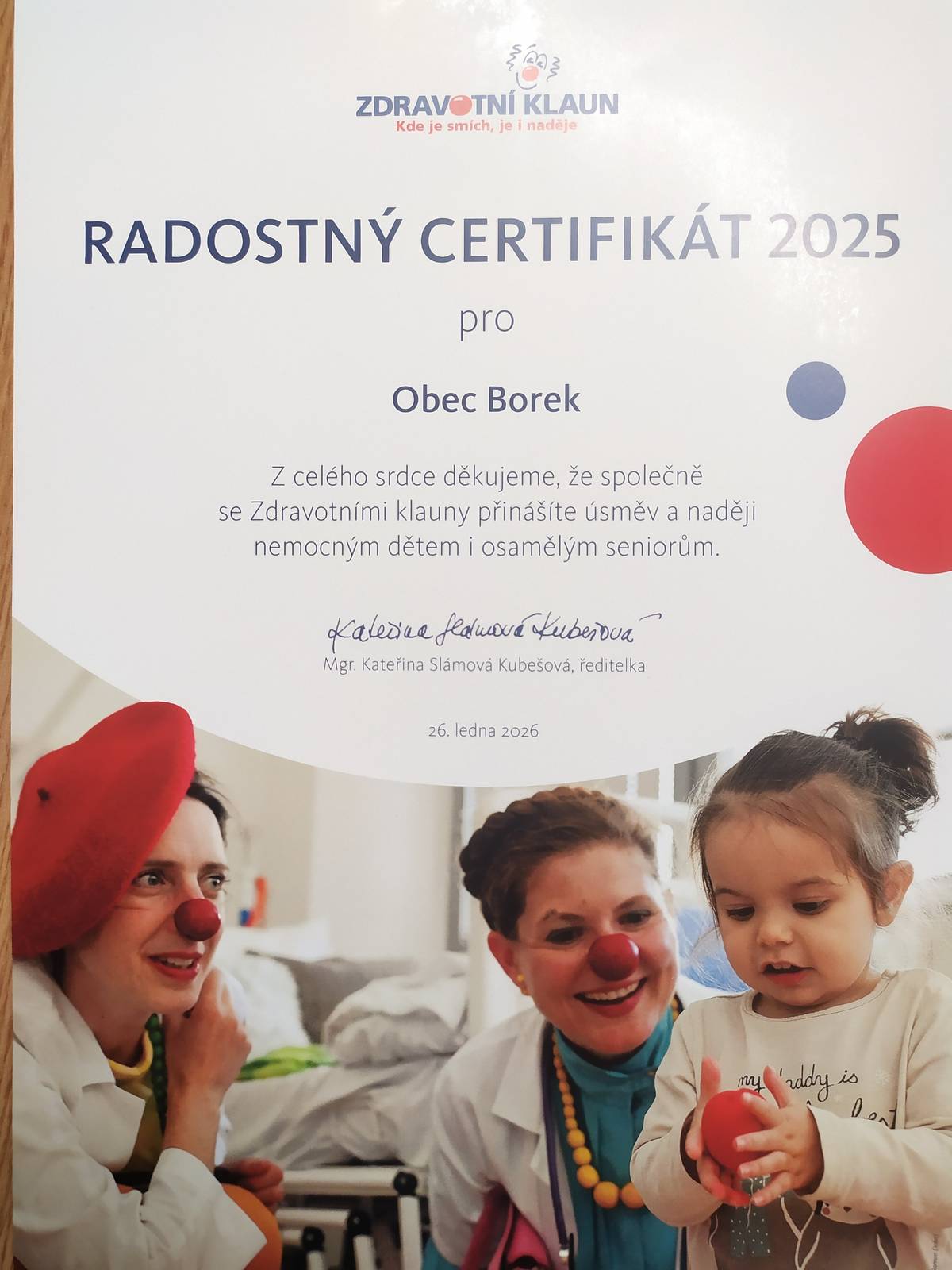 Dobročinná organizace Zdravotní klaun zaslala obci Borek poděkování.