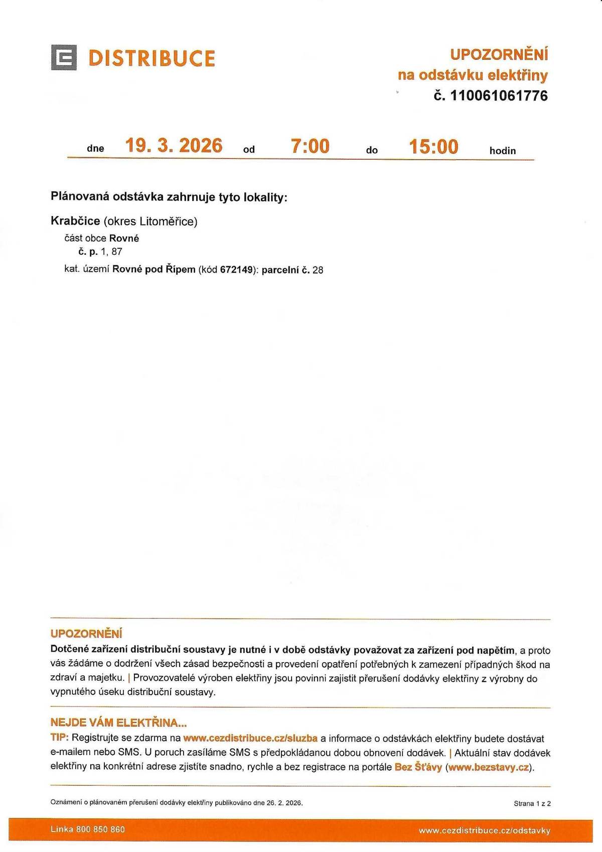 UPOZORNĚNÍ na odstávku elektřiny 19.3.2026