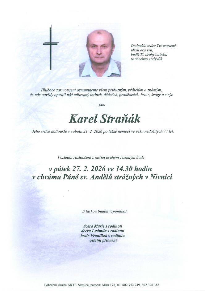 Rodiny Krajčovičova a Stojaspalova oznamují příbuzným a známým, že zesnul pan Karel Straňák ve věku nedožitých 77 let.   Pohřeb bude v pátek 27.2. ve 14:30 v chrámu Páně v Nivnici.   Modlení za zesnulého bude ve čtvrtek 26.2. v 17:15.