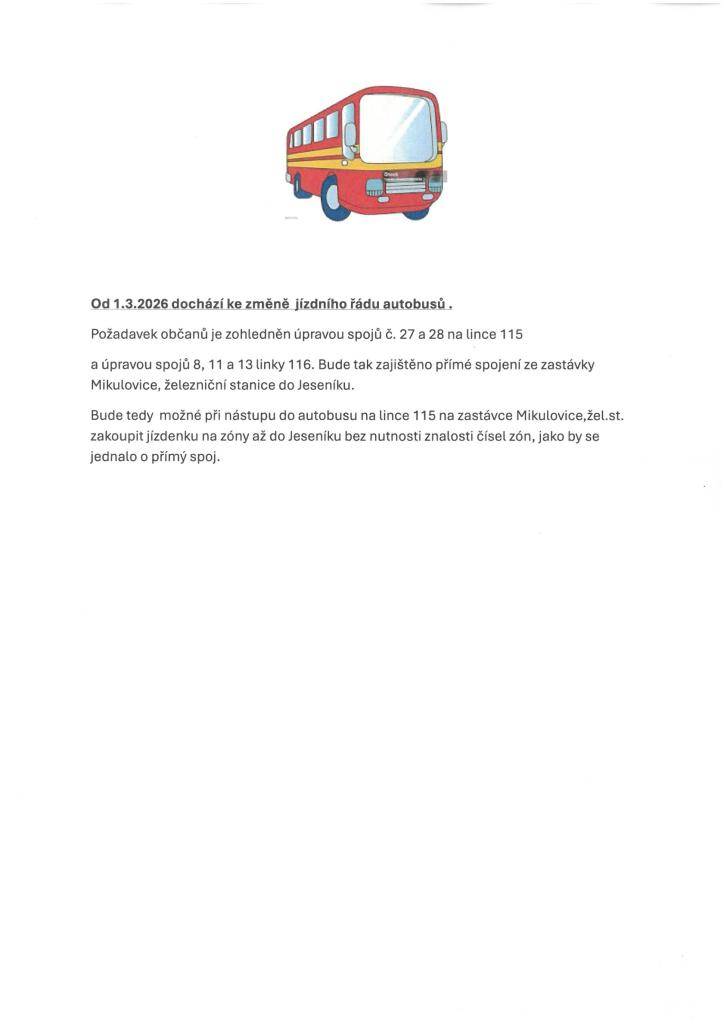 Změna jízdního řádu autobusů od 1.3.2026