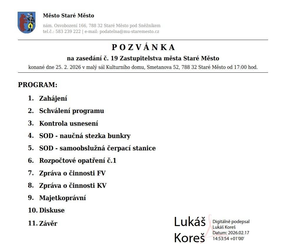 Vážení občané, srdečně vás zveme na 19. zasedání Zastupitelstva města Staré Město, které se koná ve středu 25. února 2026 v malém sále kulturního domu od 17.00.