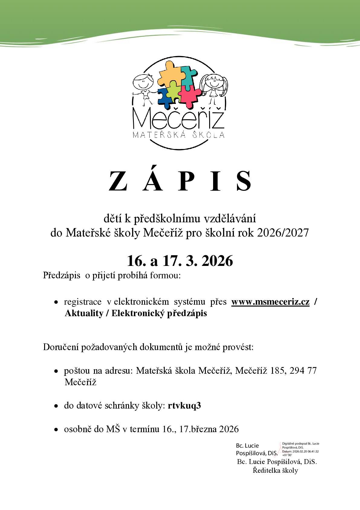 zve k zápisu dětí k předškolnímu vzdělávání pro školní rok 2026/2027