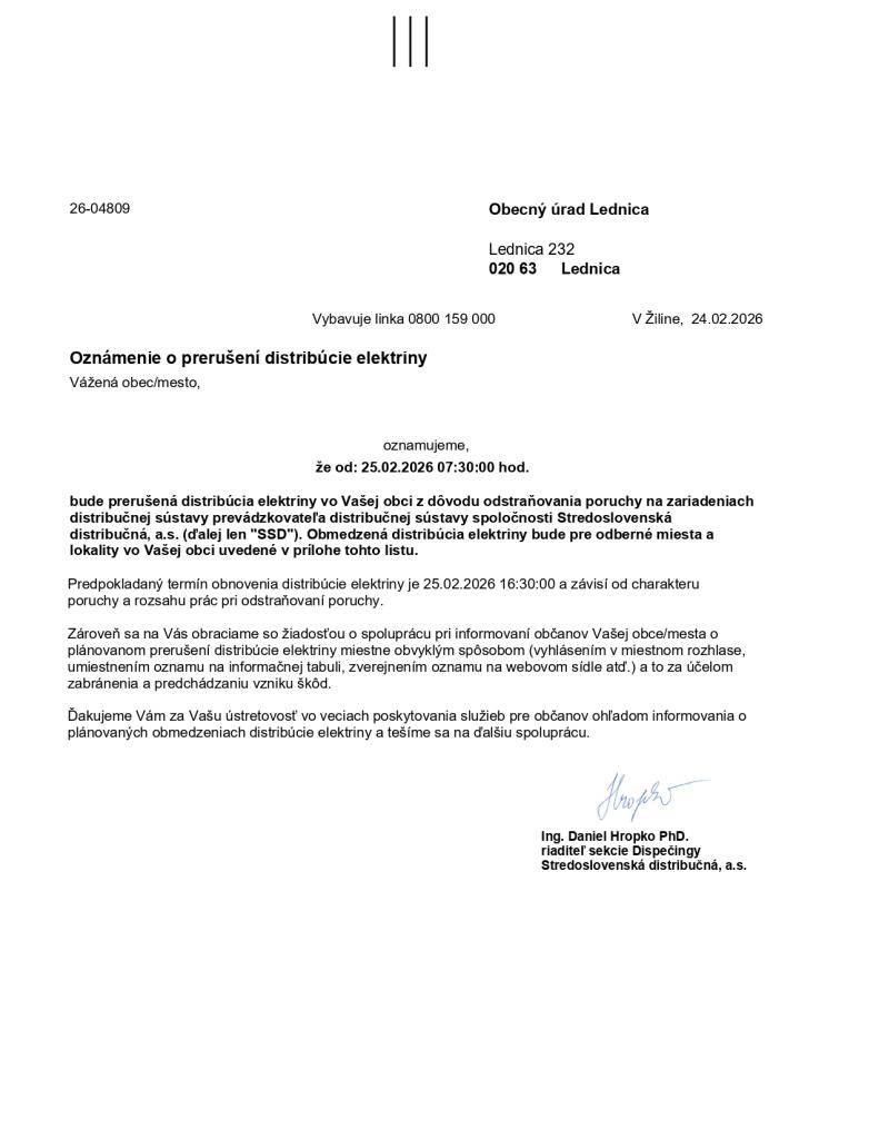 Oznámenie o prerušení distribúcie elektrickej energie dňa 25.02.2026 a zoznam odberových miest, kde bude obmedzená distribúcia.