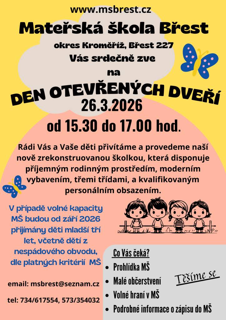 Mateřská škola Břest, nacházející se v okrese Kroměříž, srdečně zve na prohlídku nově zrekonstruované školky, která se bude konat od 15.30 do 17.00 hodin. Během akce se rodiče a jejich děti mohou seznámit s moderním vybavením a příjemným rodinným prostředím. V případě volné kapacity budou od září 20