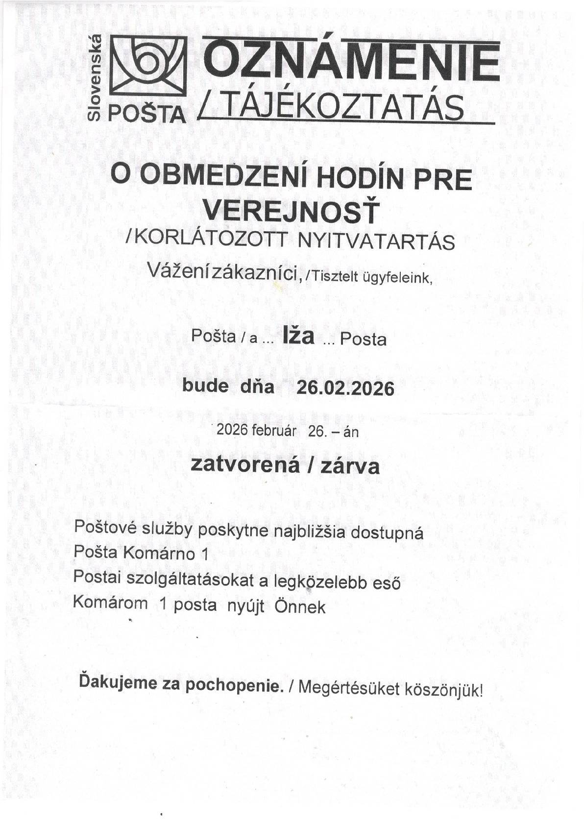 OZNÁMENIE – POŠTA IŽA /  ÉRTESÍTÉS – IZSAI POSTAHIVATAL