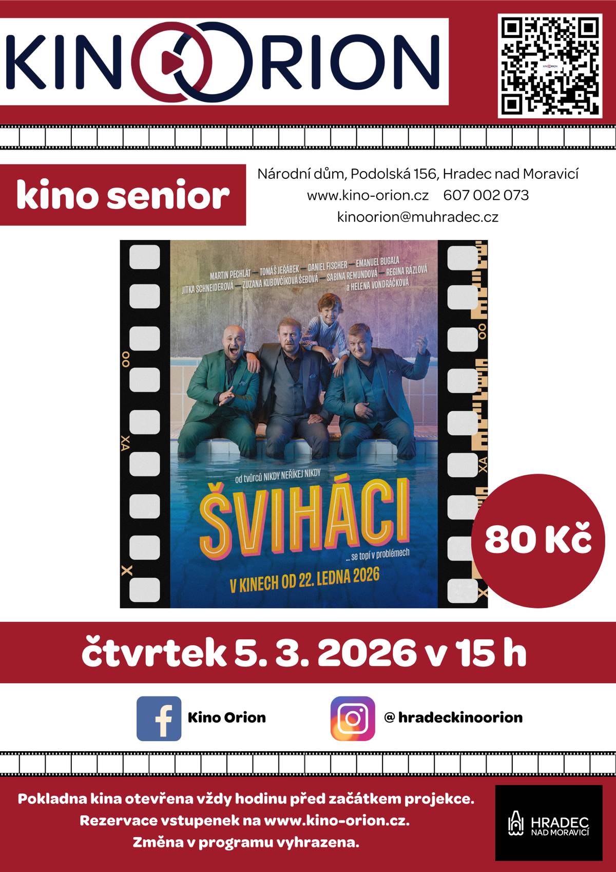 Příští týden ve čtvrtek 5 března 2026 v 15 h hraje naše KINO SENIOR českou komedii z lázeňského prostředí ŠVIHÁCI.  Vstupenky si můžete rezervovat na webu kina Orion, nebo stačí rovnou přijít.  Vstupné jako tradičně 80 Kč. O co půjde? : Tři kamarádi Dan, Ondřej a Filip se pravidelně setkávají ve vyhlášených lázních, aby jejich kapela „Šviháci“ bavila místní hosty a oni si zároveň užívali společnou pánskou jízdu. Šviháci lákají nejen svižným tempem a lázeňskou atmosférou, ale také výraznými osobnostmi – na plátně se objeví například Helena Vondráčková či Tatiana Drexler, což filmu dodává další atraktivní rozměr.