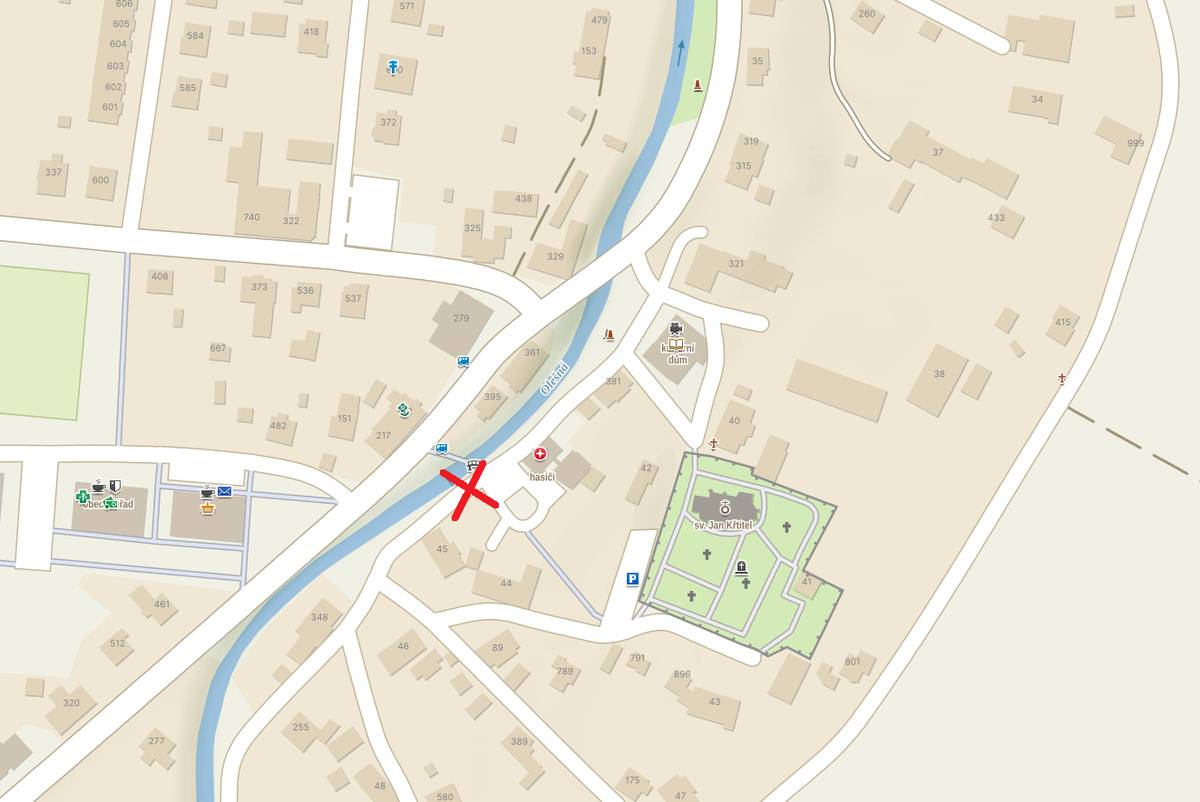 Informujeme Vás, že od pondělí 2. 3. 2026 bude u hasičské zbrojnice v Palkovicích prováděn překop cesty a z tohoto důvodu bude cesta v místě označeném křížkem po dobu několika dní neprůjezdná.